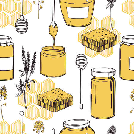 Hand drawn honey set. Vector seamless pattern.のイラスト素材