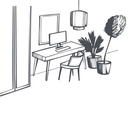 The modern interior of home office. Vector sketch illustration.のイラスト素材