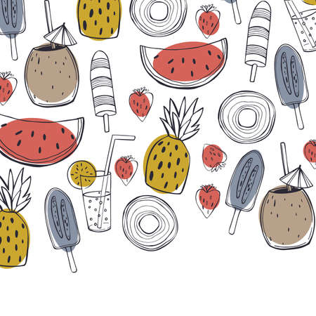 Hand drawn summer food and drinks. Lemonade, watermelon, pineapple and ice cream. Vector background....