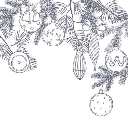 Hand drawn Christmas balls on coniferous branches. Vector sketch illustration.のイラスト素材