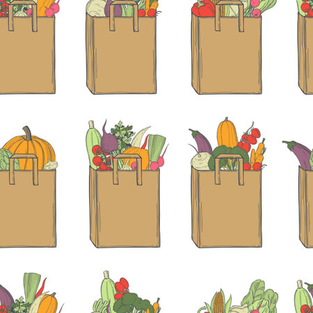 Hand drawn vegetables in paper bag on white background. Vector seamless pattern.のイラスト素材