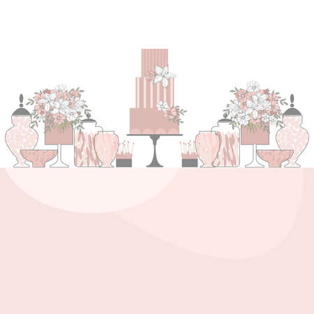 Wedding candy bar with cake and flowers. Dessert table. Vector illustration.のイラスト素材