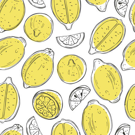 Hand drawn lemon fruits on white background.Vector seamless pattern.のイラスト素材