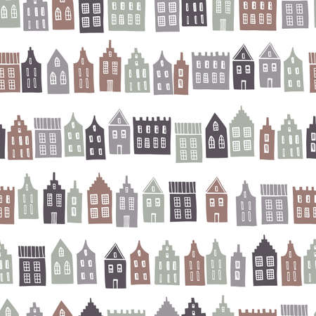 Hand drawn cute houses. Vector seamless pattern.のイラスト素材
