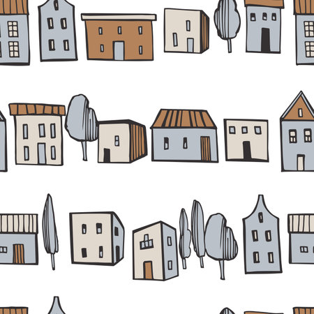 Hand drawn cute houses and trees. Vector seamless pattern.のイラスト素材