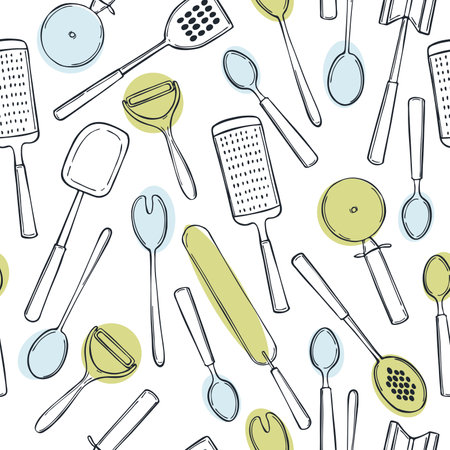 Hand drawn kitchen tools. Vector seamless patternのイラスト素材