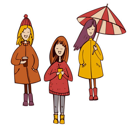 Hand drawn autumn girls. Vector sketch illustration.のイラスト素材