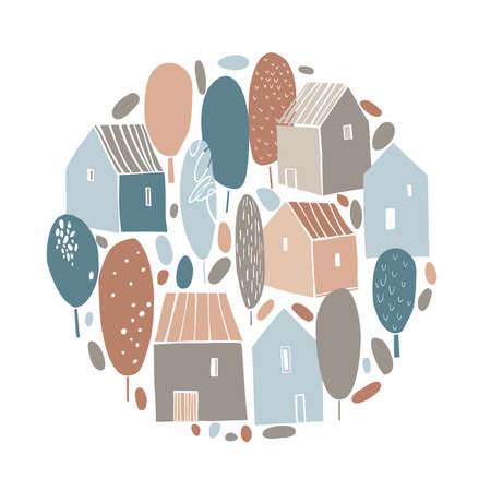 Hand drawn houses in a circle. Vector sketch illustration.のイラスト素材