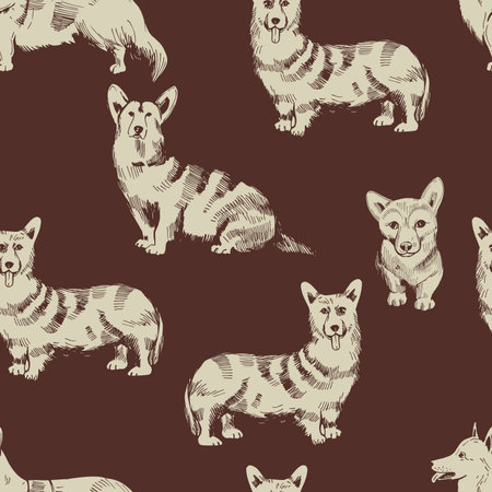Hand drawn corgi dog.  Vector  seamless pattern.のイラスト素材