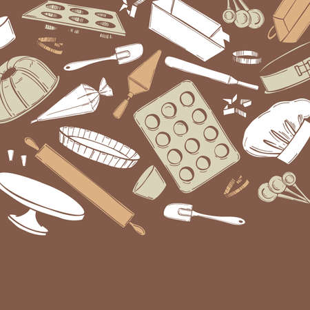 Hand drawn bakery utensils. Baking tools and essentials.  Vector background. Sketch illustrationのイラスト素材