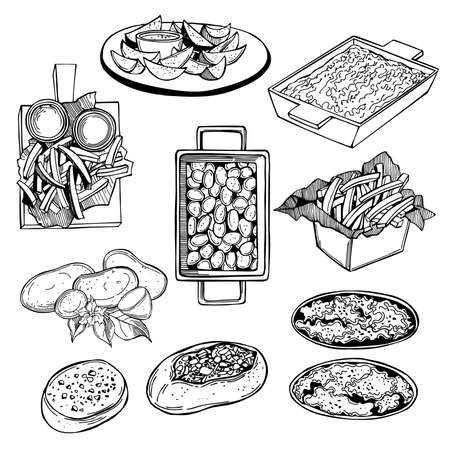 Hand-drawn dishes from potatoes. French fries, rustic fries, baked potatoes, casserole. Vector sketch illustration.のイラスト素材