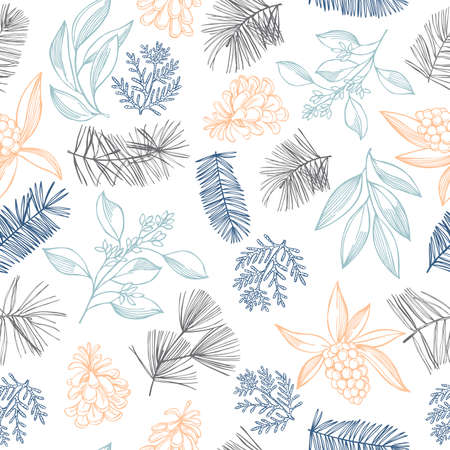 Vector seamless pattern with hand-drawn Christmas plants.のイラスト素材