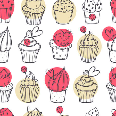 Hand-drawn Valentine's Day cupcakes with hearts. Vector seamless pattern.のイラスト素材