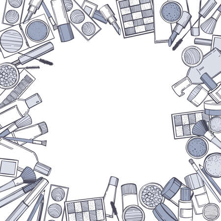 Hand-drawn decorative cosmetics for makeup. Vector background.のイラスト素材