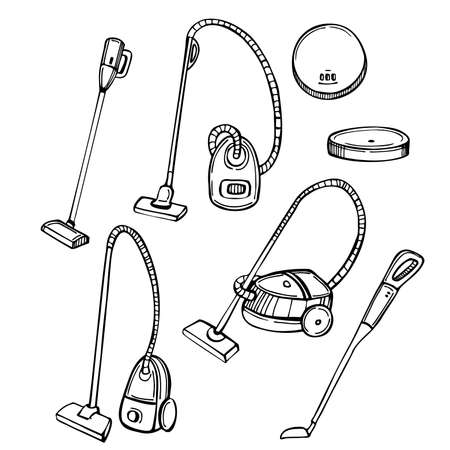 Hand drawn household appliances for home. Vacuum cleaners.Vector sketch illustration.のイラスト素材