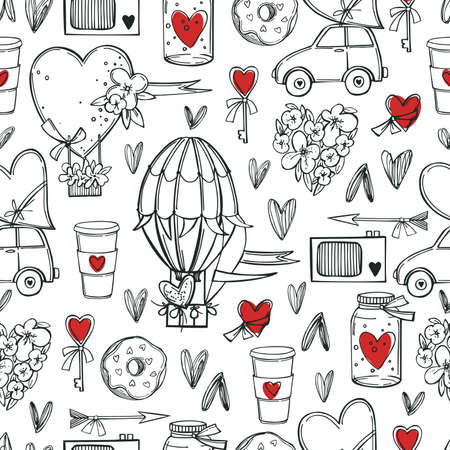 Valentine's Day hand-drawn set. vector seamless pattern. sketch illustration.のイラスト素材