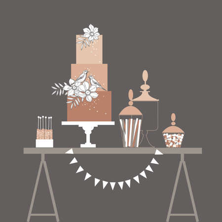 Pink dessert table with cake. Wedding candy bar. vector illustration.