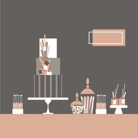 Pink dessert table with cake. Wedding candy bar. vector illustration.