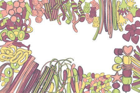Hand-drawn gummy sweets. Jelly-chewing colored candies. vector background.のイラスト素材