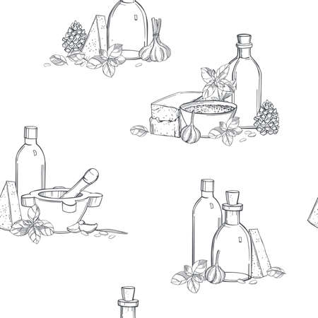 Hand-drawn pesto sauce. Ingredients: basil, cheese, nuts, oil and garlic.Vector seamless pattern.のイラスト素材