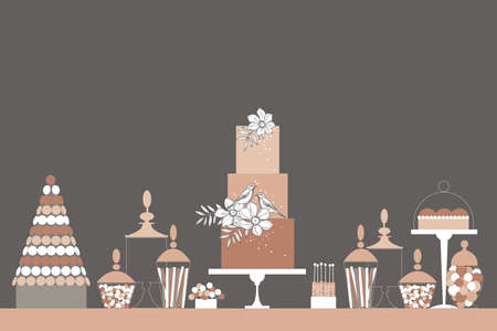 Wedding candy bar with cake and macaroons. Dessert table. vector illustration.