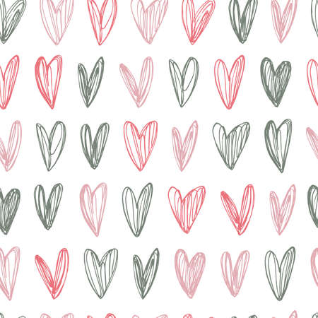 Vector seamless pattern with hand-drawn hearts on white background. sketch illustration.のイラスト素材