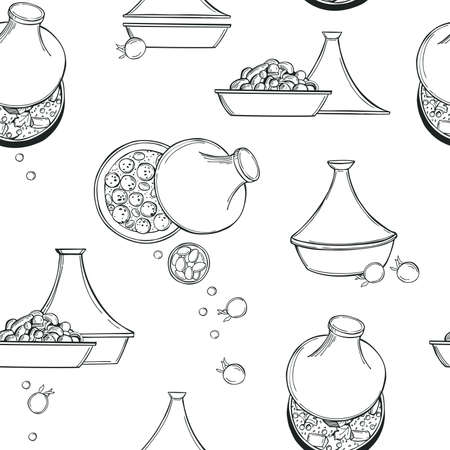 Hand-drawn tagine set. vector seamless pattern.のイラスト素材