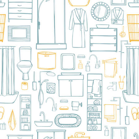 Hand drawn bathroom furniture, plumbing, shower accessories. vector seamless pattern.のイラスト素材