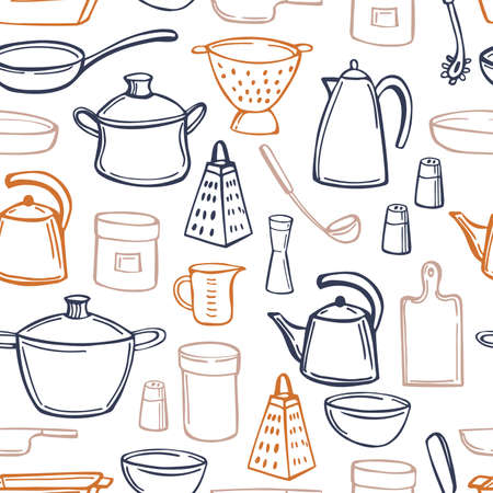 hand drawn kitchenware. vector seamless patternのイラスト素材