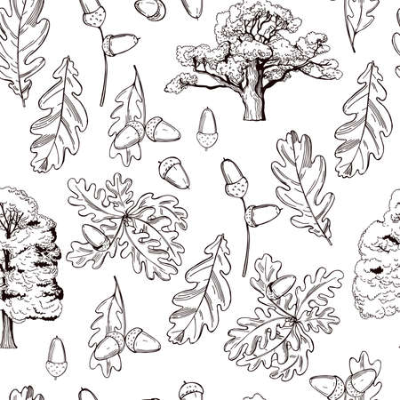 Hand drawn oak set. Trees, leaves and acorns. vector seamless pattern.のイラスト素材