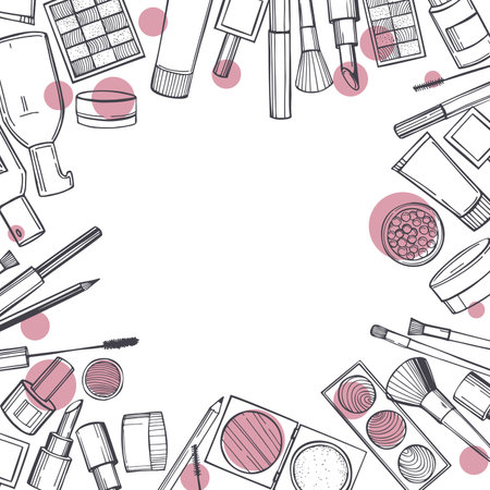 Hand-drawn decorative cosmetics for makeup. vector background.のイラスト素材