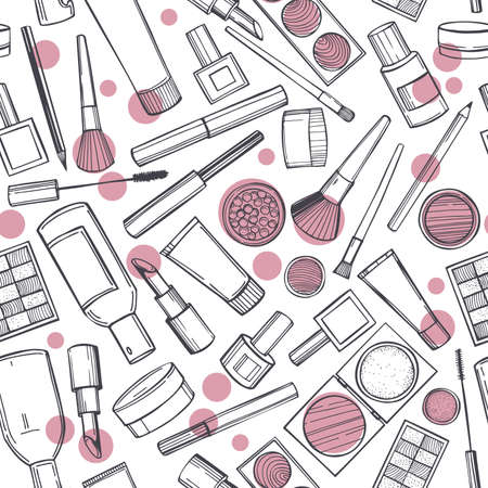 Hand-drawn decorative cosmetics for makeup. vector seamless pattern.のイラスト素材
