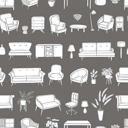 Hand-drawn furniture, lamps and plants for the home. vector seamless patternのイラスト素材