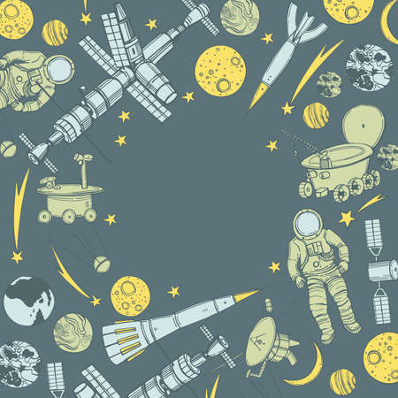 Hand-drawn space objects. Planets, comets, rockets.Vector background. sketch illustration.のイラスト素材