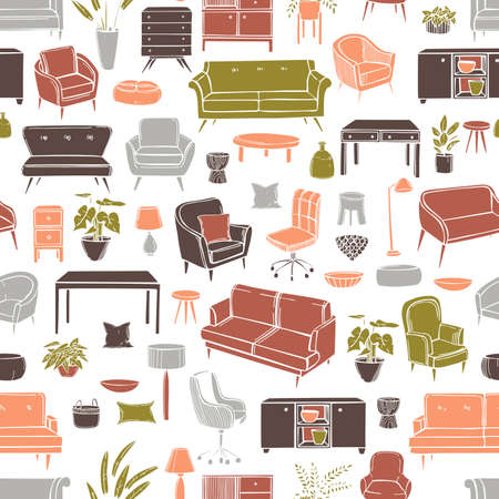 Hand-drawn furniture, lamps and plants for the home. vector seamless patternのイラスト素材