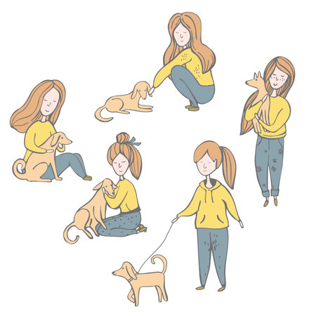 Hand-drawn girl with dog. vector sketch illustration.のイラスト素材
