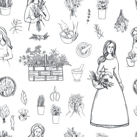 Hand-drawn herbalist set. Medicinal herbs, alternative medicine. vector seamless pattern.のイラスト素材