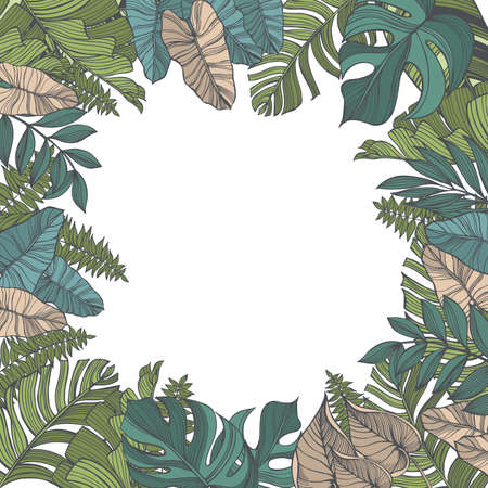 Vector background with hand-drawn tropical leaves. sketch illustration.のイラスト素材