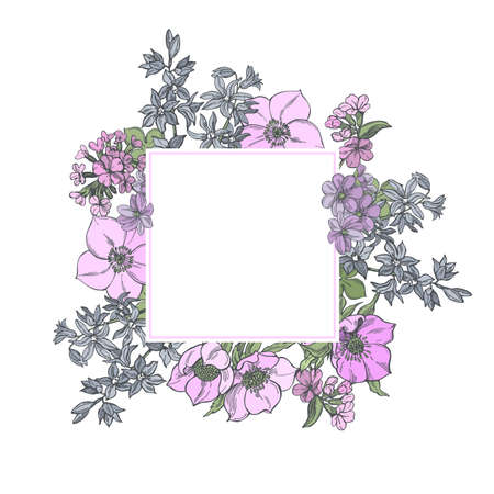 Vector frame with hand-drawn spring flowers. sketch illustrationのイラスト素材