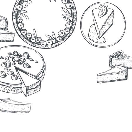 Hand drawn cheesecake set. vector background. sketch illustration.のイラスト素材