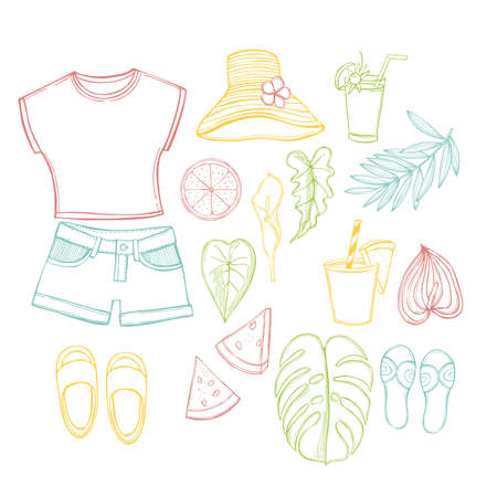 summer time set. Clothes, food and plants. vector sketch illustration.のイラスト素材