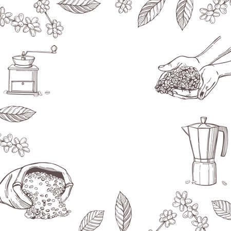Hand-drawn coffee set. Coffee beans in hands. vector background.のイラスト素材