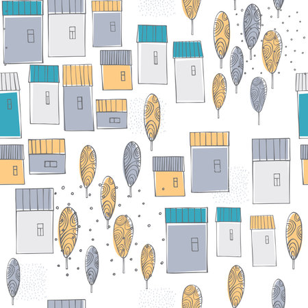 Hand-drawn cute houses and trees. vector seamless pattern.のイラスト素材