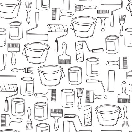 Hand-drawn tools for painting walls. Paint roller, paint can, brushes. vector seamless pattern.のイラスト素材
