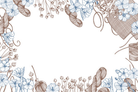 Hand-drawn flax plants set. line threads. vector background. sketch illustration.のイラスト素材