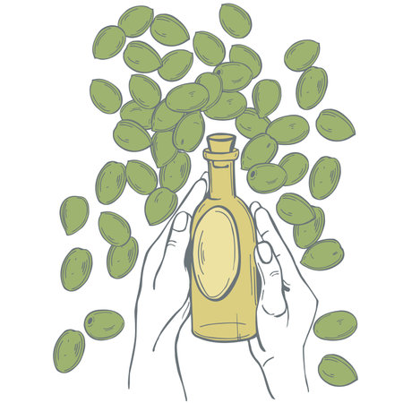 Hand-drawn hands holding a bottle of olive oil. vector sketch illustration.のイラスト素材