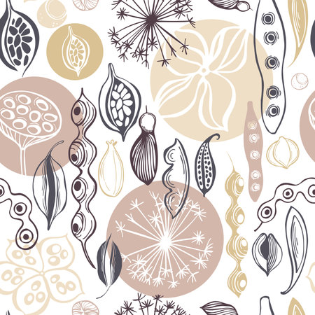 Seamless vector pattern with hand-drawn seedpods. sketch illustration.のイラスト素材
