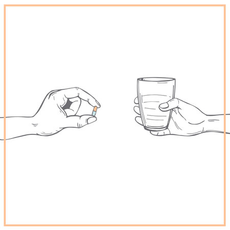 Hand-drawn hands with pill. vector background. sketch illustration.のイラスト素材