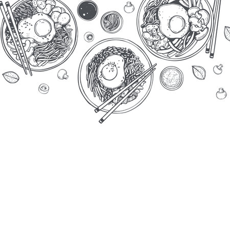 Korean food. Hand-drawn bibimbap (mixed rice with vegetables). vector background. sketch illustration.のイラスト素材