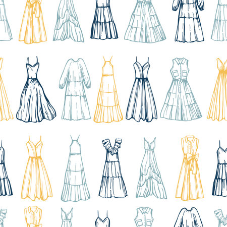 Hand-drawn women's summer dresses and bags. vector seamless pattern.のイラスト素材